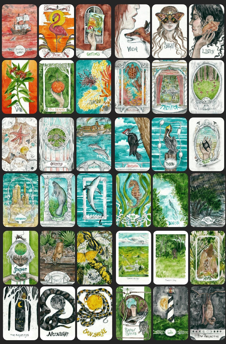 May include: A collection of watercolor tarot cards, each featuring unique illustrations and titles. The cards depict various themes, including nature, animals, and abstract concepts. The color palette includes greens, blues, oranges, and yellows.