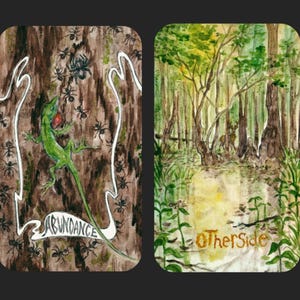 May include: Four watercolor art cards with rounded corners. The cards depict nature scenes: a horseshoe crab in a marsh, a lizard on a tree trunk, a forest, and two dolphins. Text includes "Perfect", "Abundance", "OtherSide", and "Migration".