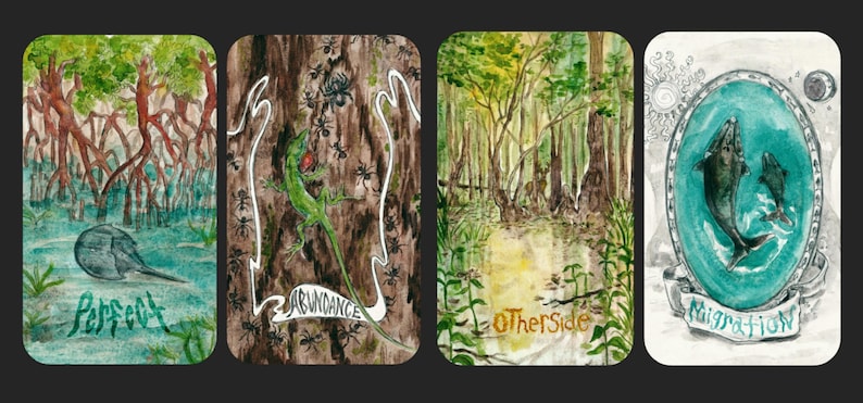 May include: Four watercolor art cards with rounded corners. The cards depict nature scenes: a horseshoe crab in a marsh, a lizard on a tree trunk, a forest, and two dolphins. Text includes "Perfect", "Abundance", "OtherSide", and "Migration".