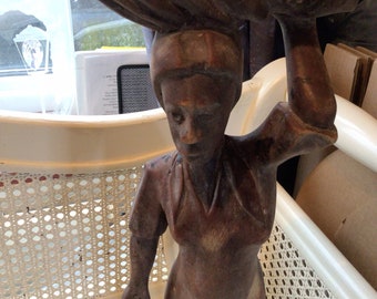 Vintage African Wooden Figurine - Woman carrying Bananas