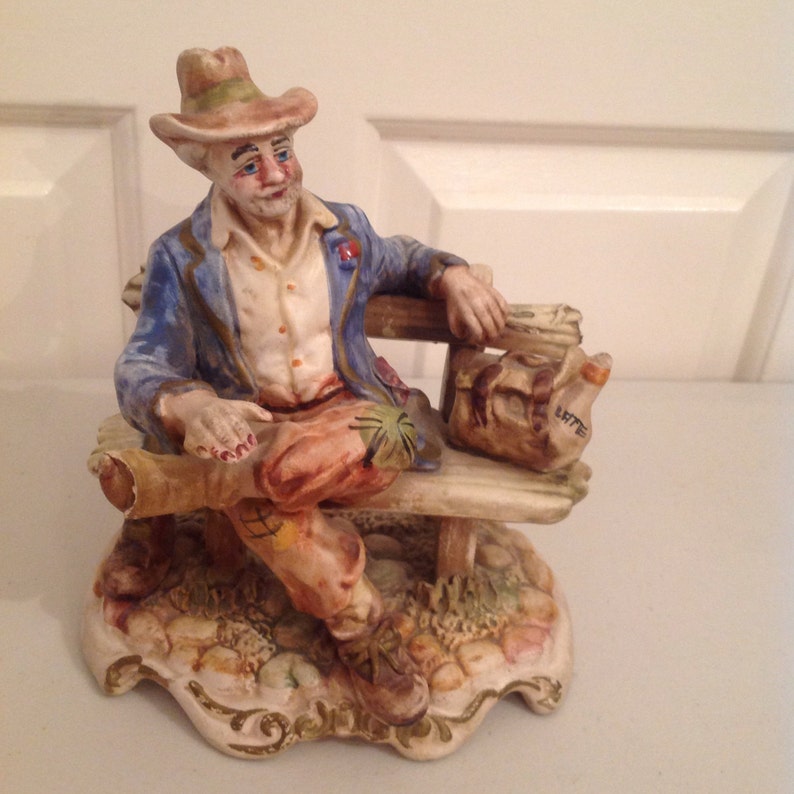 Capo di Monte Porcelain Style Figurine Reduced Hobo on a Bench