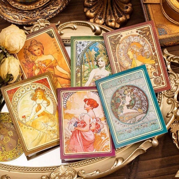 Art Nouveau Stickers, Pretty, Paintings, Mucha, Beautiful, Ladies, Flowers, Women, Gold Stamped, See Through, Die-Cut, Translucent