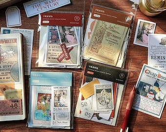 Sticker Pack Set: Stationery, Journaling, Label, Newsprint, Antiqued, Ticket, Old Illustrations, Poster, Month, Numbers, Write-On