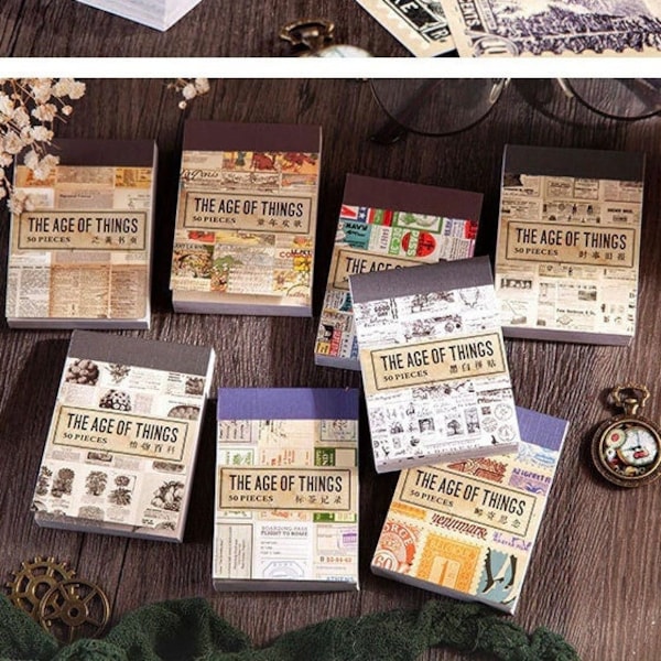 The Age of Things Mini Sticker Books, Antiqued, Retro, Vintage, Letters, Posters, Ticket, Travel, Music, Ads, Stamps, Academia Aesthetic