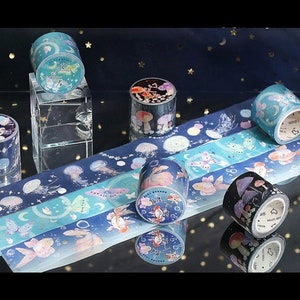Dream Land and Water Washi Tapes, 30mm Width, Mushroom, Jellyfish, Butterfly, Fish, Foil, Shimmer, Shine