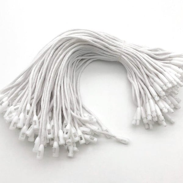 White Cotton Hang Tag String 100pcs, Thin Fastener, Natural Cord, Bullet Clasp, 100% Cotton, Apparel, Clothing, Gift, Retail Packaging, Tags