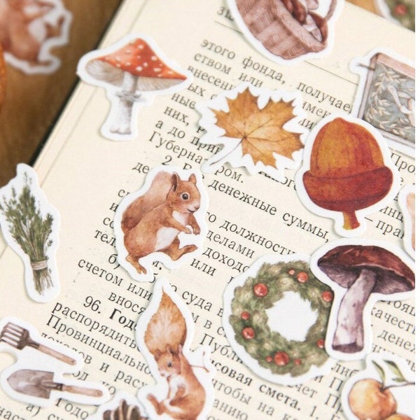 Forest Stickers: Plants, Rabbits, Bunny, Squirrel, Foliage, Pinecone, Mushroom, Basket, Leaf