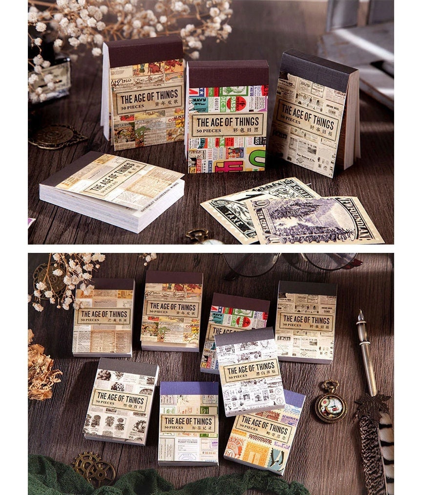 Sticker - Vintage Mini Washi Sticker Book - Travel, Flower, Ocean, Poster, Newspaper, Map, Girl