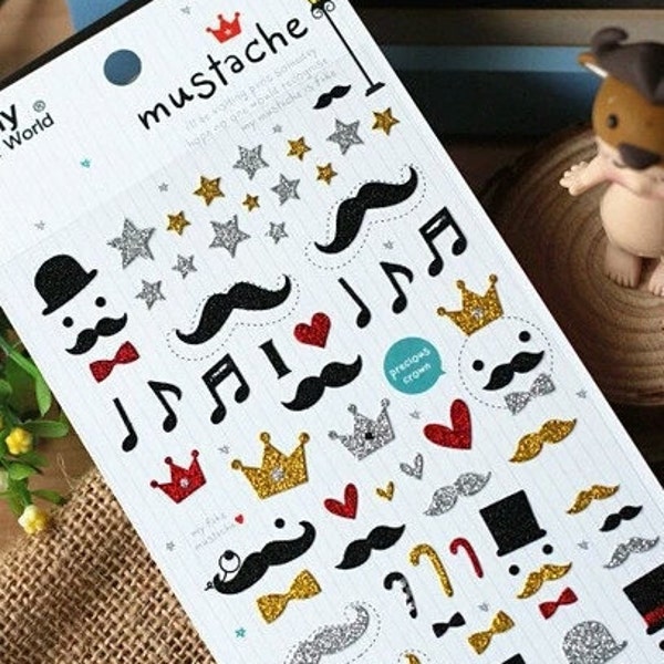 SALE! Mr Mustache Sticker Sheet - Glitter Stickers, Little Gentlemen, Cartoon Face Men, Paper Stationary, Funny Sticker World, Stars, Crowns