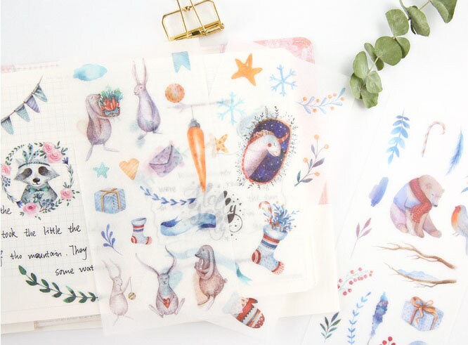 frosted stickers 6 sheet set blue nature rabbits