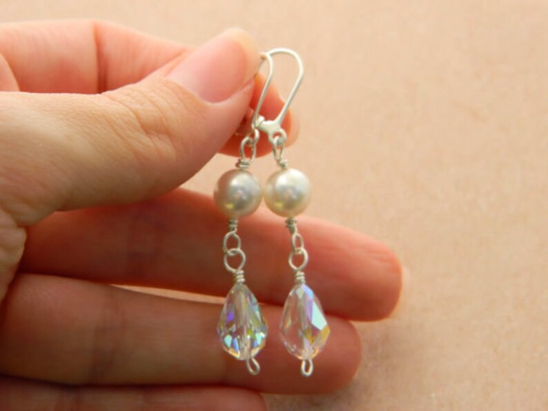 Wedding Earrings - Swarovski Beads. Sterling Silver - Bridal, Bride, Bright, Beige, White, Clear, Silver, Jewelry Earrings, Aretes de Boda image 4