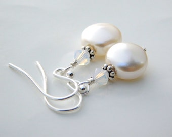 Bridal White Pearl Earrings. Swarovski Pearls, Crystal Earrings, Sterling Silver Earrings, Wedding Beige Cream Jewelry Drop Earrings. Aretes