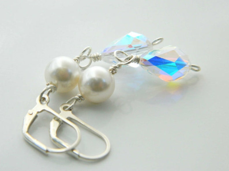Wedding Earrings - Swarovski Beads. Sterling Silver - Bridal, Bride, Bright, Beige, White, Clear, Silver, Jewelry Earrings, Aretes de Boda image 2