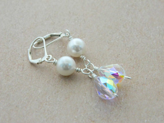 Wedding Earrings - Swarovski Beads. Sterling Silver - Bridal, Bride, Bright, Beige, White, Clear, Silver, Jewelry Earrings, Aretes de Boda