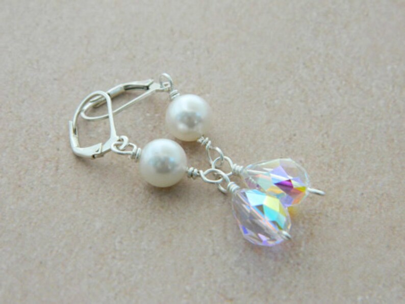 Wedding Earrings - Swarovski Beads. Sterling Silver - Bridal, Bride, Bright, Beige, White, Clear, Silver, Jewelry Earrings, Aretes de Boda image 1