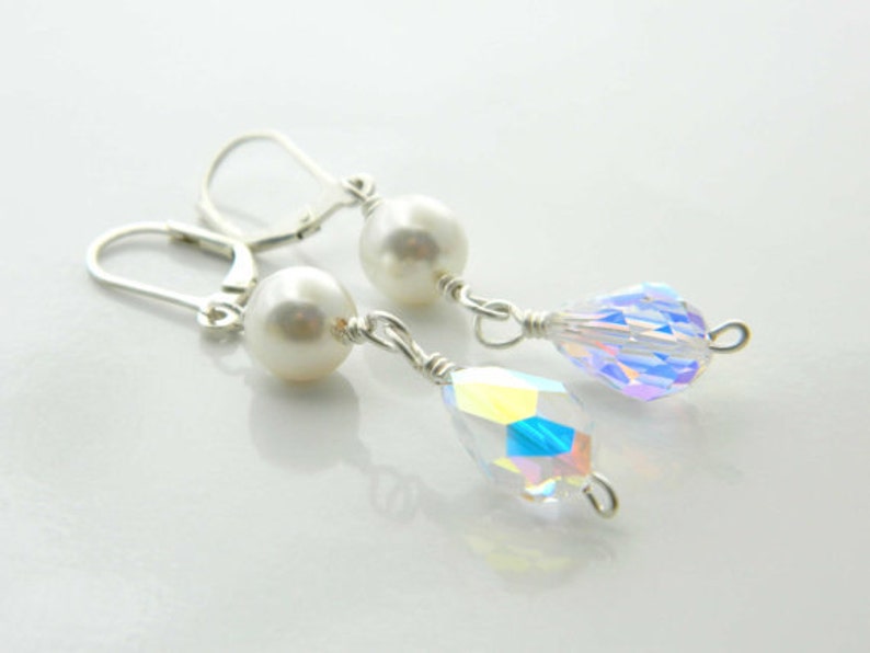 Wedding Earrings - Swarovski Beads. Sterling Silver - Bridal, Bride, Bright, Beige, White, Clear, Silver, Jewelry Earrings, Aretes de Boda image 3