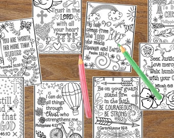 Kaarten met bijbelteksten - Kleurplaten met schriftteksten - Christelijke kleurplaten - Zondagsschoolkaarten - Set van 8 direct afdrukbaar - geheugenverzen