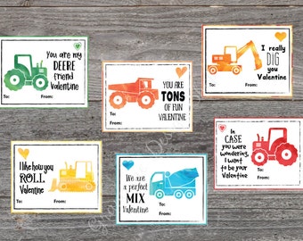 Kids Valentine cards - Tractor Valentine cards - Construction Valentine Cards - Printable Valentine - Classroom Valentines card - boys cards