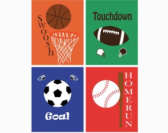 Sports bedroom print - Basketball prints - Football prints - Soccer prints - Baseball prints - Instant download - digital wall art. Set of 4