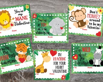 Valentines for kids - Safari Animal Valentine Cards - Printable animal Valentine card - Classroom Valentine cards - zoo