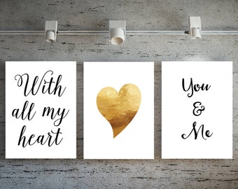 Love print - With all my heart you & me print - Valentine gift for him - Instant printable. PDF diy - Set of 3 - Anniversary gift for him