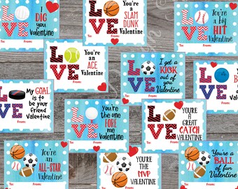 Kids Valentine cards - Sports Valentines cards - Printable Valentines for school - Baseball, Football, Basketball, Classroom Valentine cards