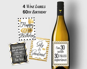 60th Birthday wine labels - Birthday Wine Labels - 60th birthday gift - Happy Birthday wine labels - Instant printable PDF Wine bottle