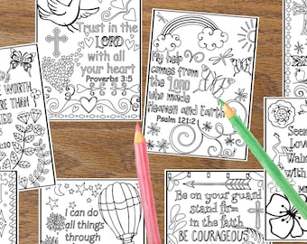 Coloring Scripture Cards - Bible verse cards - Set of 8 Instant download - Christian coloring pages - digital art- Bible Verse Memory cards.