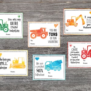 Kids Valentine cards Tractor Valentine cards Construction Valentine Cards Printable Valentine Classroom Valentines card boys cards image 1