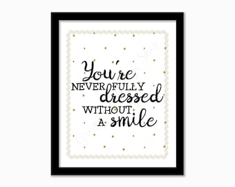 Smile Quote Art Print, Gold Polka Dots, Girl Bedroom Decor (PDF, JPG)