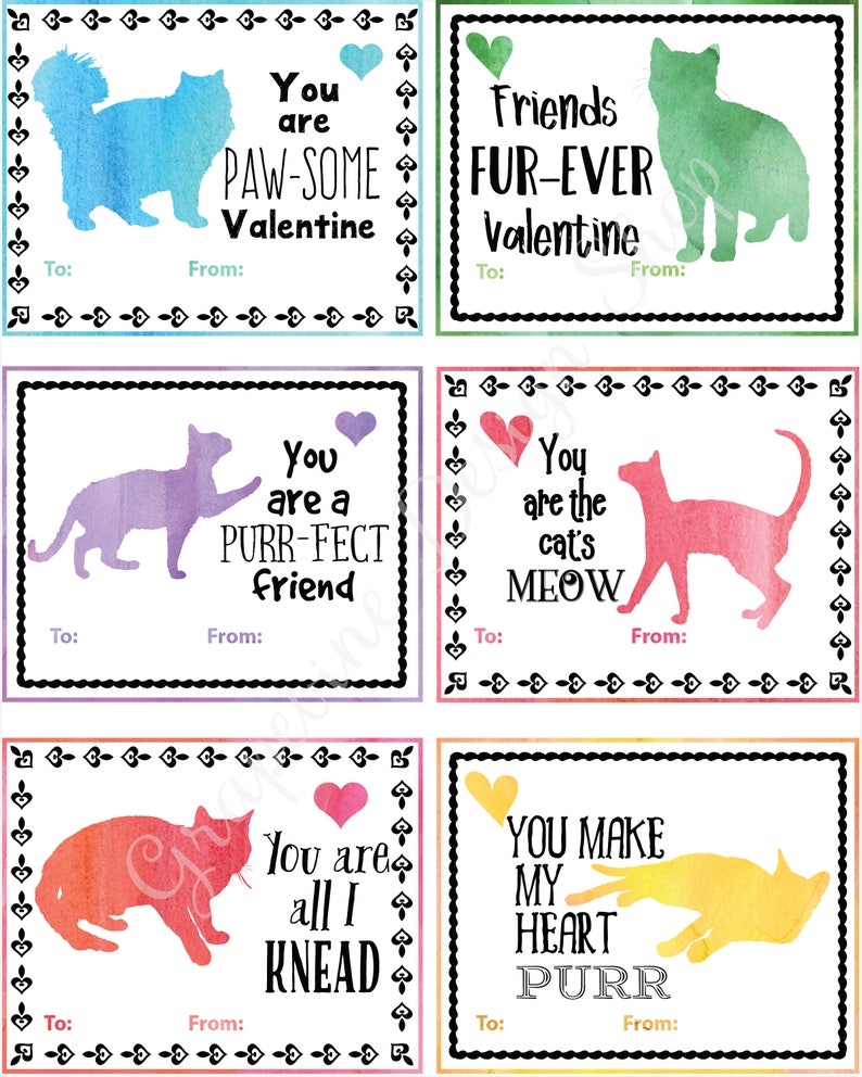 Kids Valentines Cat Valentine Cards Printable Valentines | Etsy