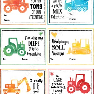 Kids Valentine cards Tractor Valentine cards Construction Valentine Cards Printable Valentine Classroom Valentines card boys cards image 2