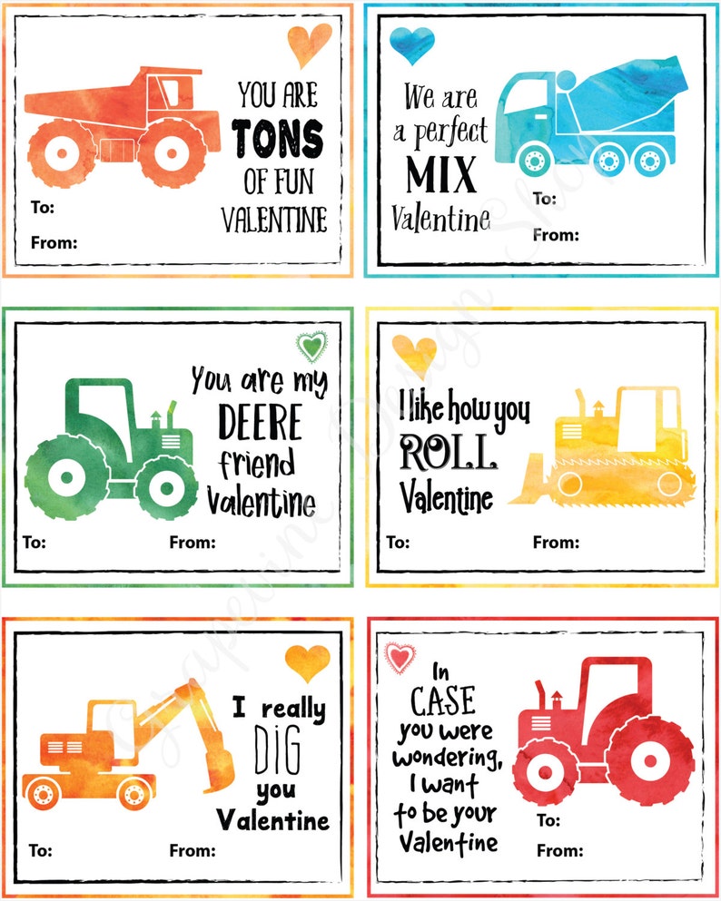 Kids Valentine cards Tractor Valentine cards Construction Valentine Cards Printable Valentine Classroom Valentines card boys cards image 2