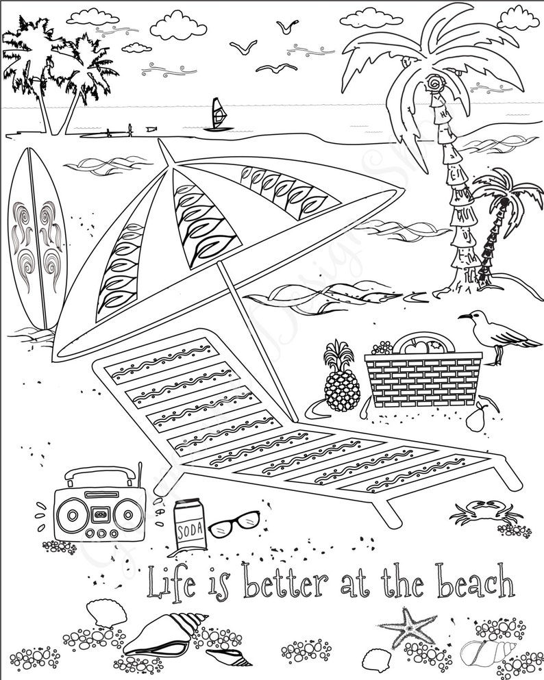 Beach coloring pages Adult coloring sheets Set of 5 | Etsy