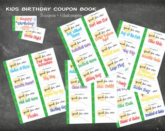 Kids Birthday coupon book - Child Birthday gift - Coupon book for kids - Instant printable. Birthday gift for Boy - gift for Girl - coupons