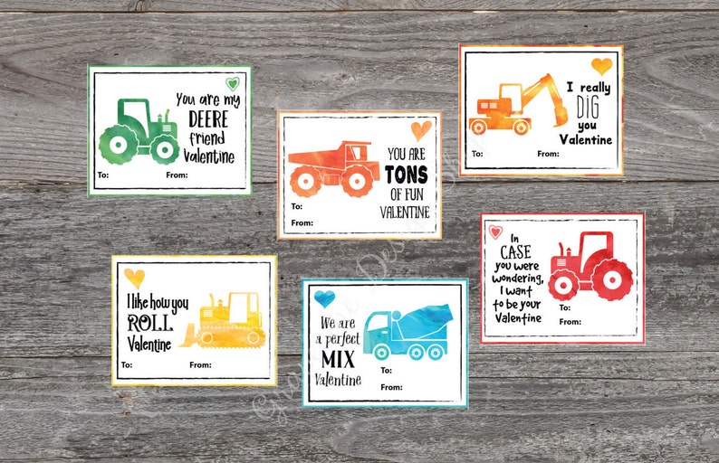 Kids Valentine cards Tractor Valentine cards Construction Valentine Cards Printable Valentine Classroom Valentines card boys cards image 1