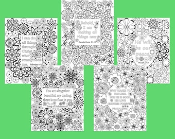 Flower coloring pages - Bible verse coloring sheets - Set of 5 Instant printable - Scripture coloring sheets - Kid or Adult coloring sheets
