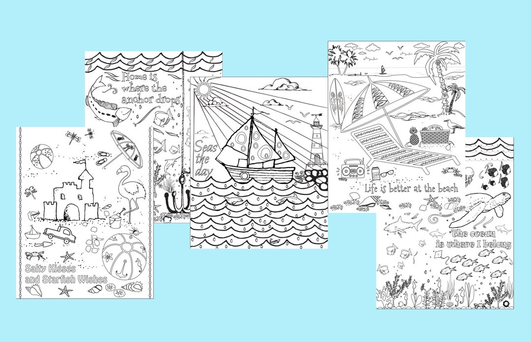 Beach Coloring Pages Adult Coloring Sheets Set of 5 Printables Diy