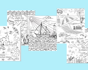 Beach coloring pages - Adult coloring sheets - Set of 5 printables -  diy coloring pages - Ocean coloring pages -Kids coloring sheets -