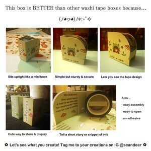 May include: A beige washi tape box with a mushroom theme. The box is designed to hold 2 cm x 10 m of tape and features illustrations of mushrooms and a girl. The box is designed to sit upright and is easy to assemble and open.