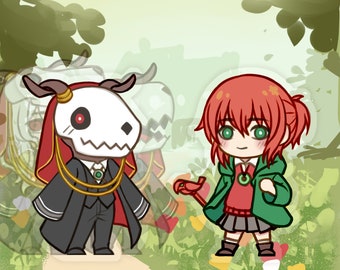 May include: An anime-style illustration of two characters in a forest. One character has a skull-like head and wears a black suit with a red cape. The other character has red hair and a green jacket. The background is a soft green.