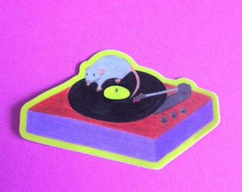Turntable Rat Sticker: Hand-Drawn Vinyl Record Decal