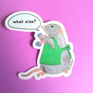 May include: A gray rat wearing a green apron and holding two blue cups, with a speech bubble above it that says "what size?"
