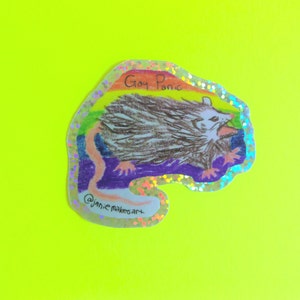 May include: A holographic sticker with a rainbow border and the text "Gay Panic". The sticker features a cartoon drawing of a possum with a purple background. The artist's signature, "@janiemakesart", is at the bottom of the sticker.