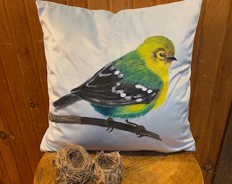 Hand painted Yellow Bird on plush Pillow.