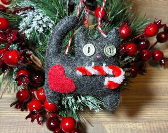 Hand sewn wool felt Christmas Holiday Cat with Candycane ornament keychain package topper