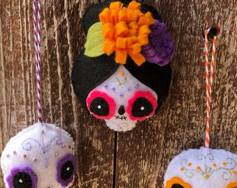 Felt Sugar Skull Halloween Ornaments and Garland