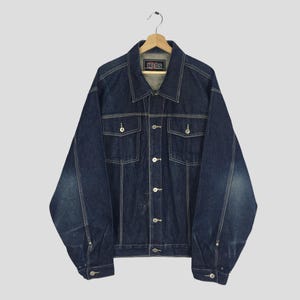 Vintage 90&#39;s Webs American Denim Jacket Workwear Style Frenchwork Double Pocket Denim Jeans Workers Jacket Blue Denim Jeans Buttons Size XL