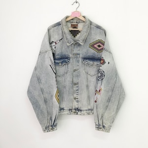 Vintage 90&#39;s Navajo Pattern Jacket Jeans Stone Wash Faded Blue Denim Jacket Button Workwear Style Denim Jeans Jacket Double Pocket Size 4XL
