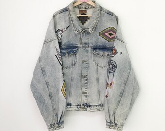 Chaqueta vaquera vintage de los años 90 con estampado navajo, descolorida, azul, con lavado a la piedra, con botones, estilo de trabajo, con dos bolsillos, talla 4XL